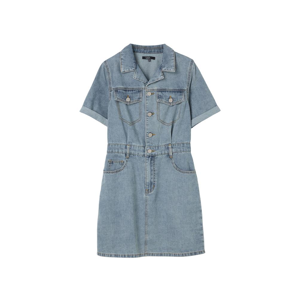 LAP Open Collar Roll-Up Short Sleeve Denim Dress As2Do563