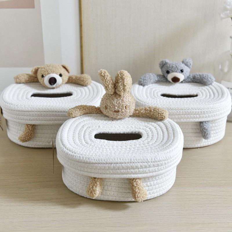 Cute Cartoon Cotton Rope Tissue Box Bear Bunny Woven Tissue Holder for Bathroom Bedroom Desk | Kawaii Home Decor Tissue Cover