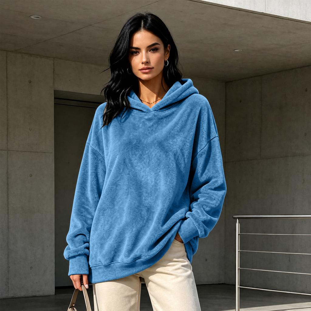 Women's Long Sleeve Flannel Hooded Pullover Color Casual Top