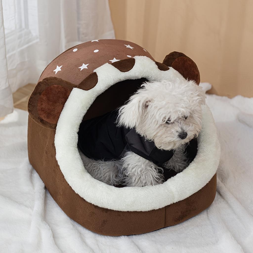 Snygg och varm halvsluten husdjurssäng för små till medelstora hundar och katter - bedårande brunbjörnsdesign