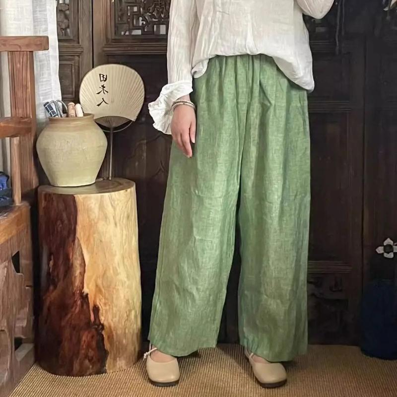 Pantaloni Larghi a Gamba Dritta Corti Tessuto Colorato Cotone e Lino Primavera Larghi Artistici Comodi con Caduta Casual da Donna