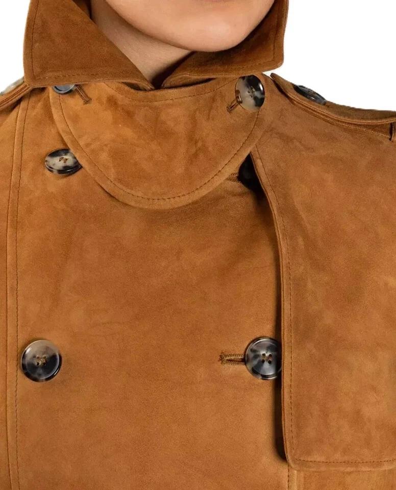 Genuine Casual Stylish Soft New Women Trench Coat Brown Suede Handmade Lambskin