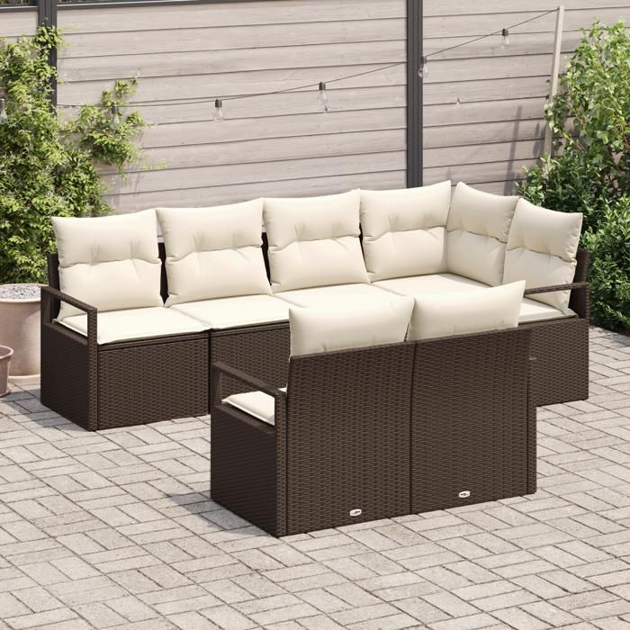 Ensemble de canapé de jardin vidaXL 7 pièces avec coussins Marron Poly Rattan, Canapé de jardin 2 places vidaXL 3346418