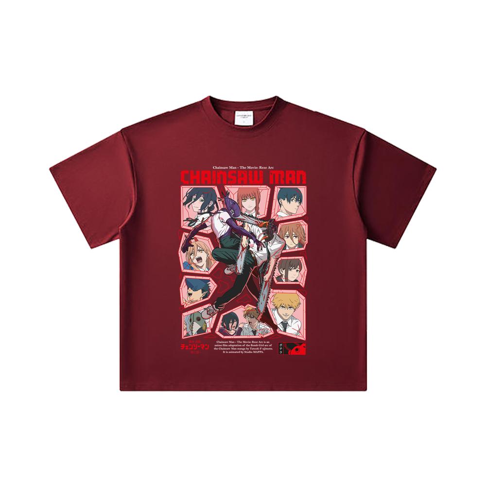 

260 GSM Double Yarn 32 Count 100% Cotton Chainsaw Man V18 Reze Arc Print Unisex Heavy Cotton T Shirt 2XL вина червоного кольору