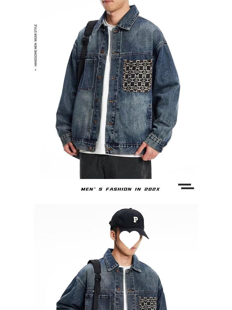 Men's Autumn Patchwork Denim Jacket: Precision Embroidery, Loose Fit, Plus Size Workwear Design.