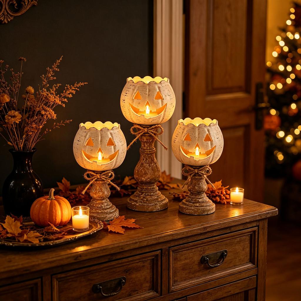 1-4pcs Rustic White Pumpkin Tealight Candle Holder Lantern Design for Fall Halloween Thanksgiving Home Centerpiece Decor