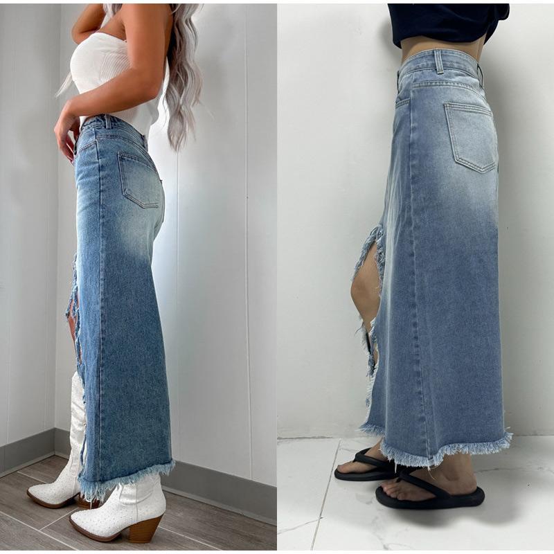 Denim Skirts Women Mid Length Skirt Slim Bodycon High Waist Button Pocket Streetwear Y2k Elegant Splice Blue Irregularity 2025