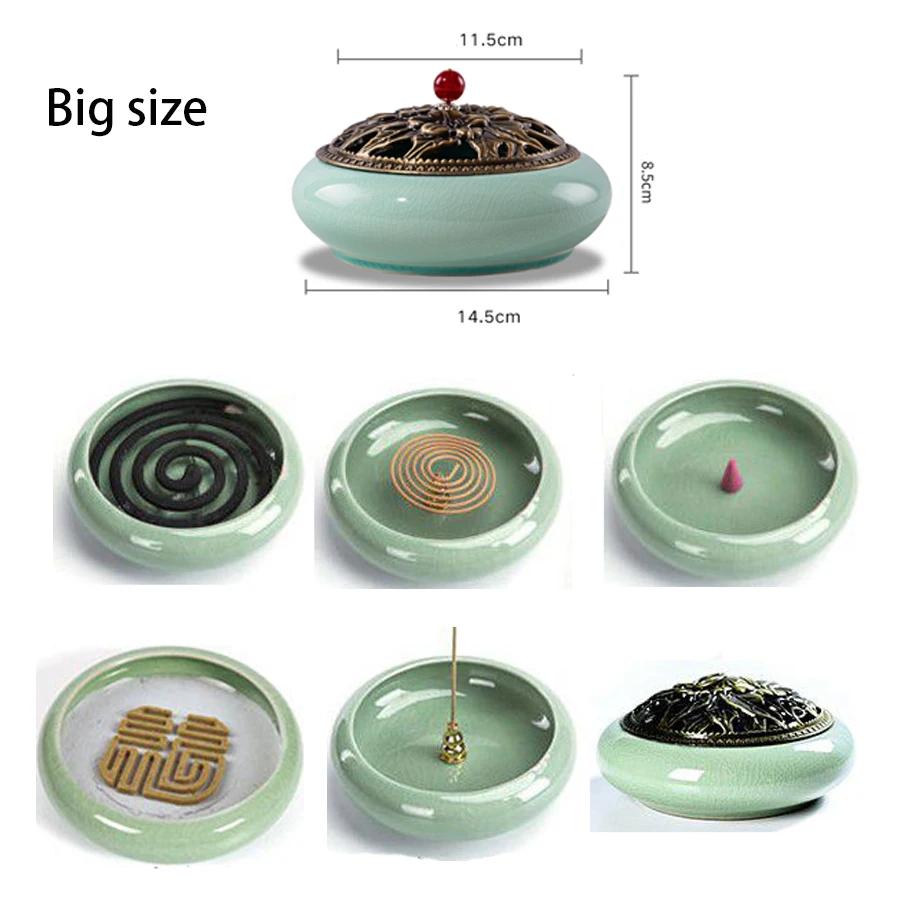 12 Hours Large Mosquito Coil Incense Burner Ceramics Cone Holder with Metal Lid Household with Fireproof Cotton Censer