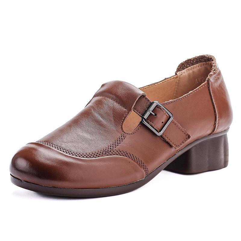 Spring and Autumn Women's Leather Shoes Single Shoes Retro Medium Heel Soft Sole Leather Shoes Versatile Leather Casual Mom Shoes