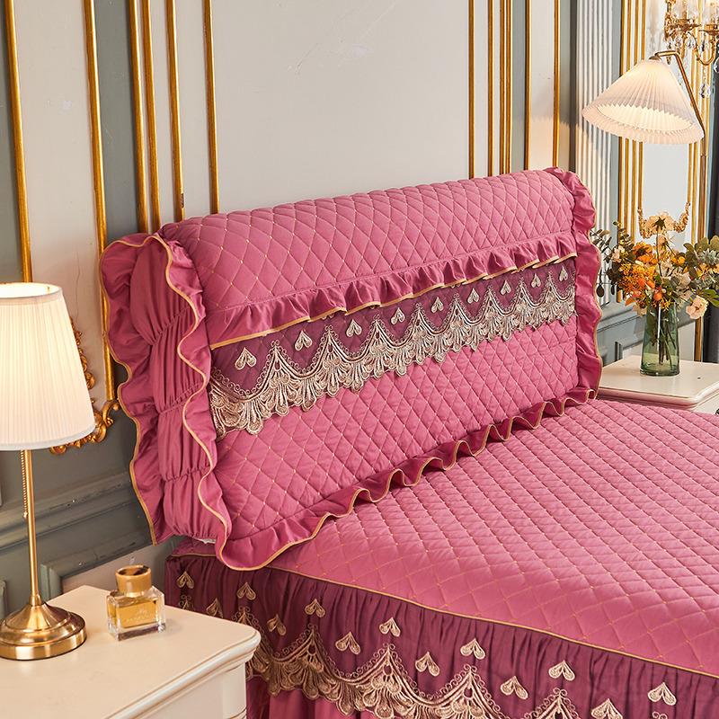 European solid color washed padded bed skirt four-piece set lace lace princess wind bed cover non-slip fixed Nordic