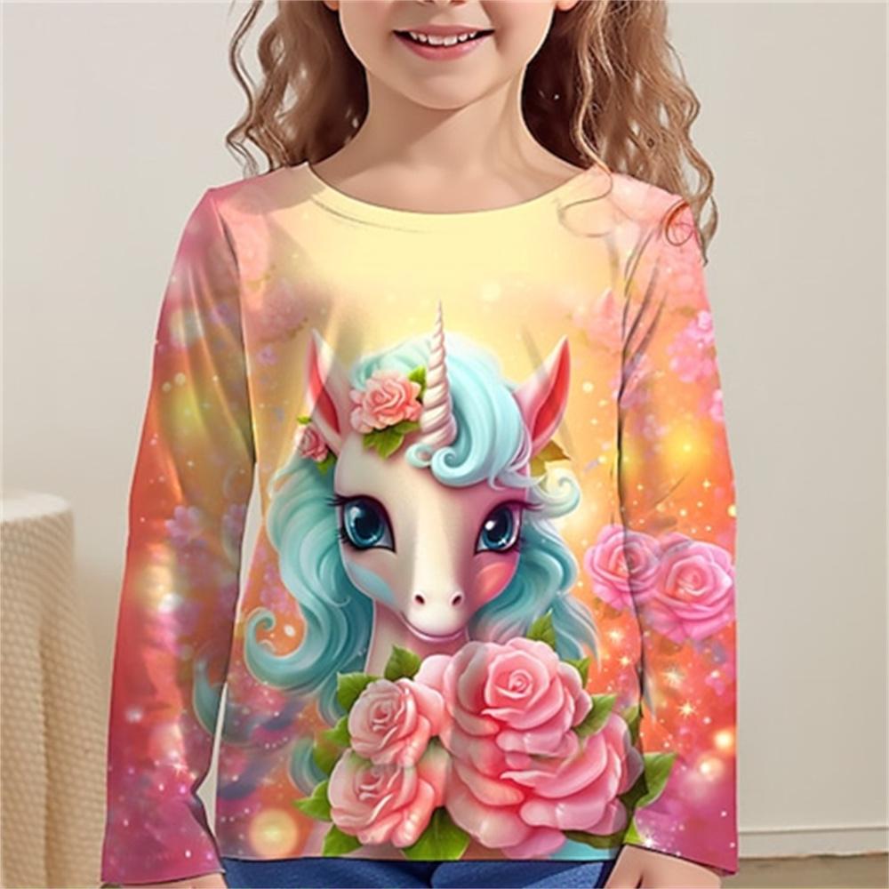 Cartoon Comics Children's 3D Digital Printed Girls' Fashionable and Comfortable Round Neck Long Sleeved T-shirt