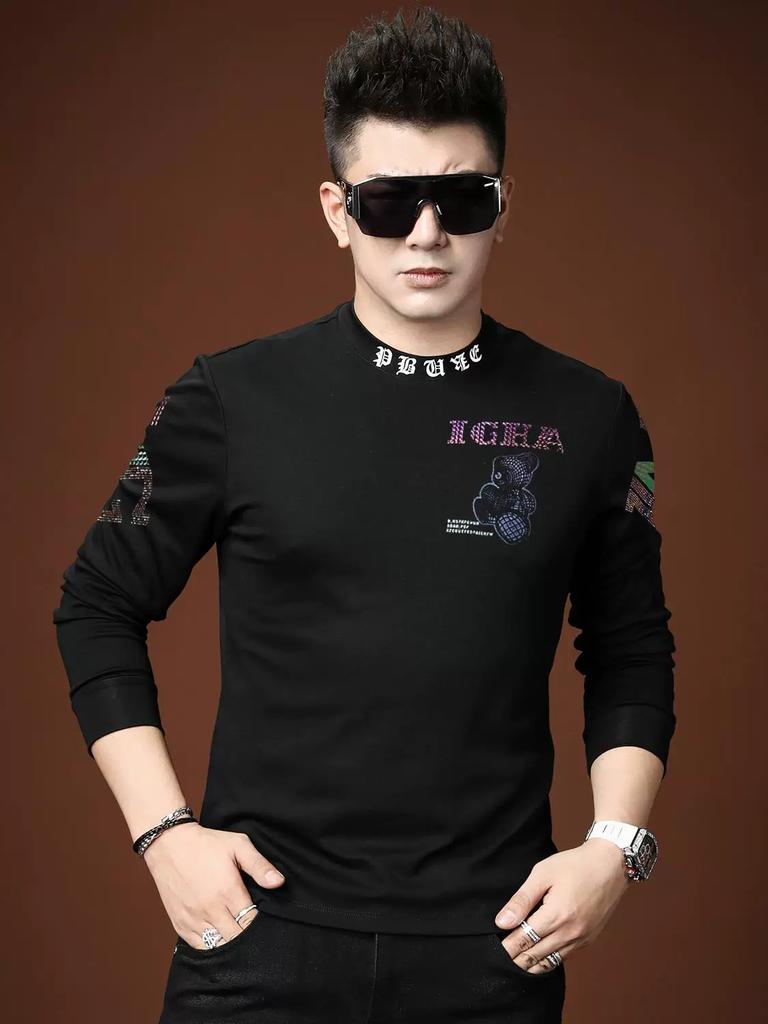 European Style Autumn Half-Turtleneck T-Shirt for Men, Trendy Bear Rhinestone Long-Sleeve Casual Top Men's Tee