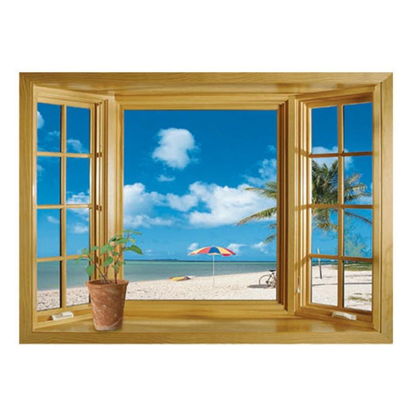 New Window 3D Print Beach View Sea Landscape Wall Stickers Art Mural Decal Wallpaper Living Room Decor