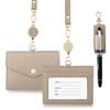 boshiho Name Tag Case, Neck Hanging, Stylish, Horizontal, Double-Sided, Reel, Pen Holder, Neck Strap Included, Genuine Leather, ID Card Holder