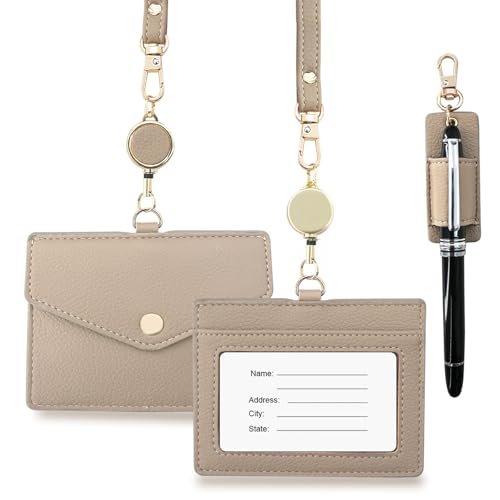 boshiho Name Tag Case, Neck Hanging, Stylish, Horizontal, Double-Sided, Reel, Pen Holder, Neck Strap Included, Genuine Leather, ID Card Holder