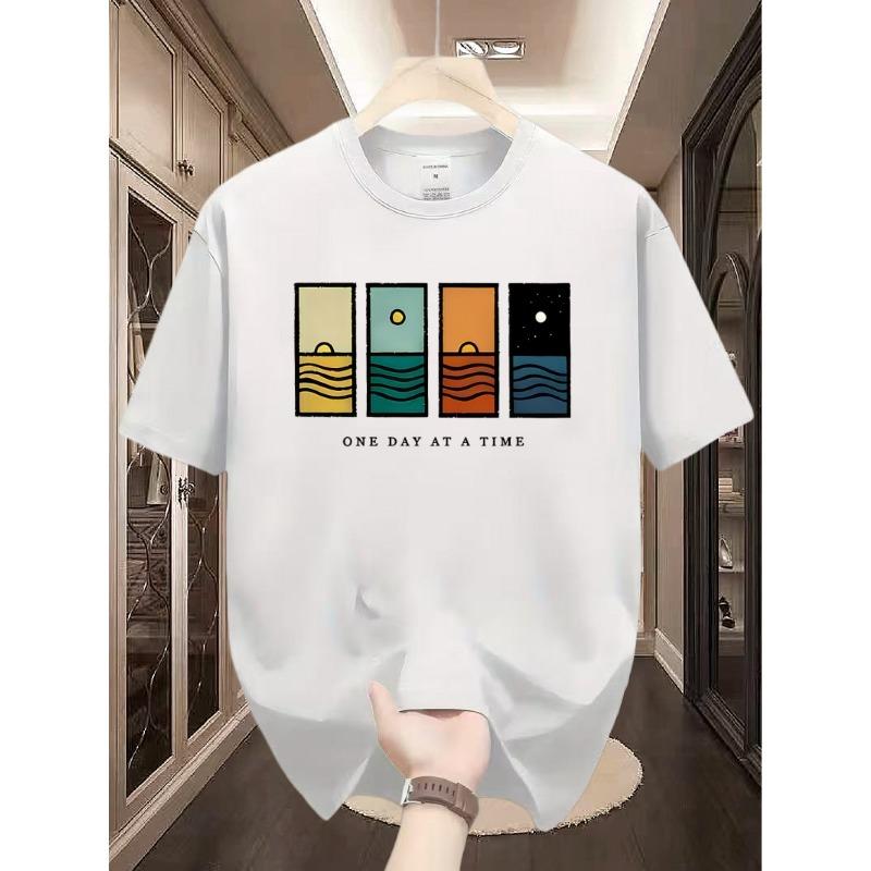 

Day by Day Seaside Illustration Print T-Shirt, Healing Trendy Short Sleeve S белый