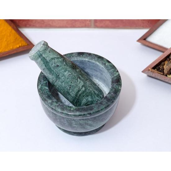 Crocon Green Marble Mortar and Pestle Set – 4 Inch Hand Grinder for Spices, Silbatta, and Kitchen Accessories Items for Home