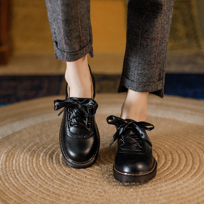 Fashion Comemore Damen Oxfords Damenschuhe Damen Leder Rundzehe Nähen Retro Bequemes Schuhwerk Lolita Schuh 2025 Braun 40