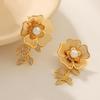 Women's Retro Flower and Pearl Dangle Earrings with Rhinestones