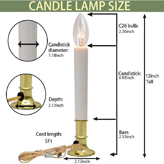 GOOTHY Electric Window Candles Lights with Golden Plated Base, Plug in Christmas Window Candles Lamp with C26 Clear Lights Bulb, Turn On/Off, 4 Pack