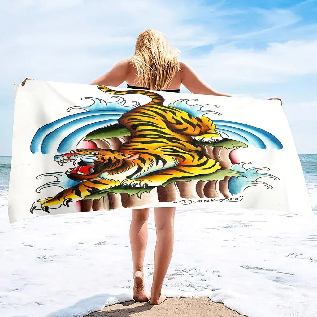 Absorbent Beach Towel Tiger Print Sand Free Lightweight Quick Dry Gym Sunbed Pool Swim Travel Towels Blanket for Men Women
