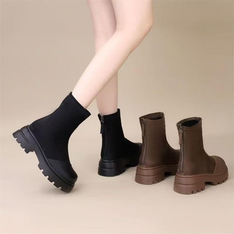 Retro thick heel elastic thin short boots women's winter new heightened velvet rear zipper Martin boots