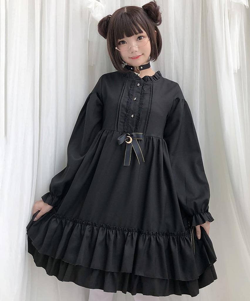 Milky Time Women's Black Lolita Gothic Lolita Dress with Crescent Moon Design, Long Sleeves, Medium Size, Cosplay Costume