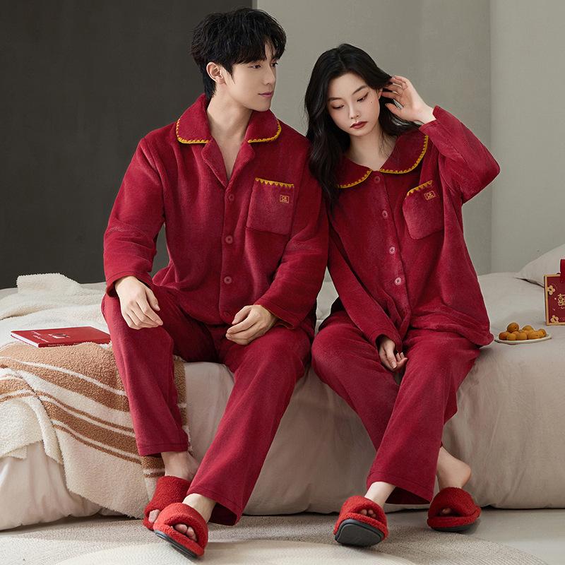 Fleece Thickened Flannel Red Pajamas Wedding Couple Suit Autumn And Winter Coral Fleece Men'S And Women'S Loungewear