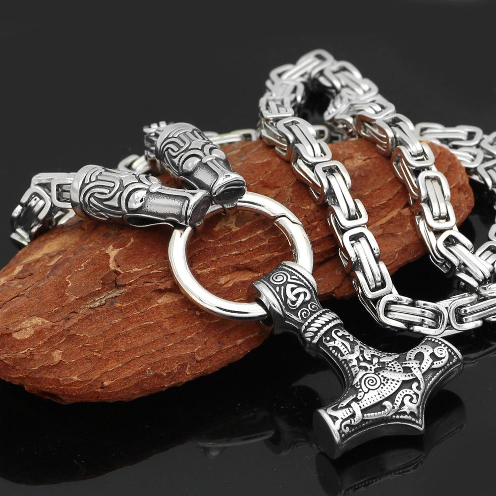 Norse Mythology Viking Poison Dragon Totem Thor s Hammer Necklace Stainless Steel Pendant Square Emperor Chain