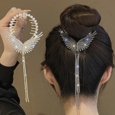 Crystal Angel Wings Clips Women Girls Rhinestone Tassel Ponytail Hair Bun Button Hairpin Golden Fashion Accessories