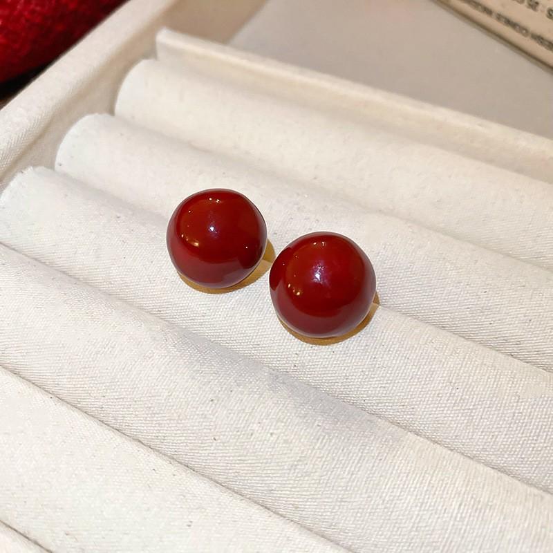 New Year's red flower flocking stud earrings women's niche earrings versatile earrings autumn and winter