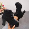 Block Heel Booties Women's  Fall/Winter Round Toe Lace-up Suede Skinny Platform Heels