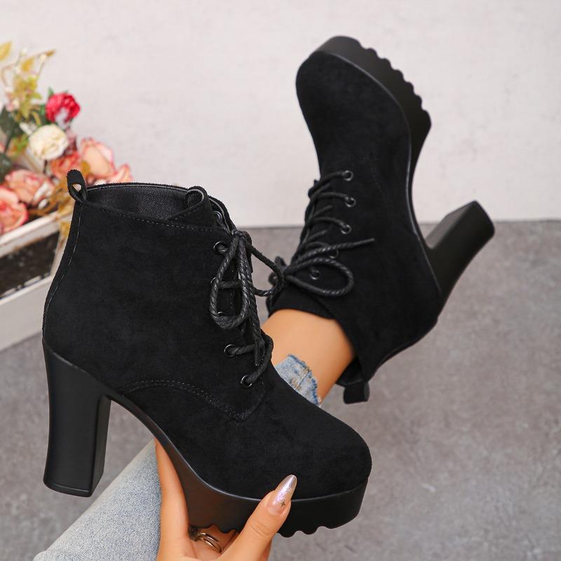 Block Heel Booties Women's  Fall/Winter Round Toe Lace-up Suede Skinny Platform Heels