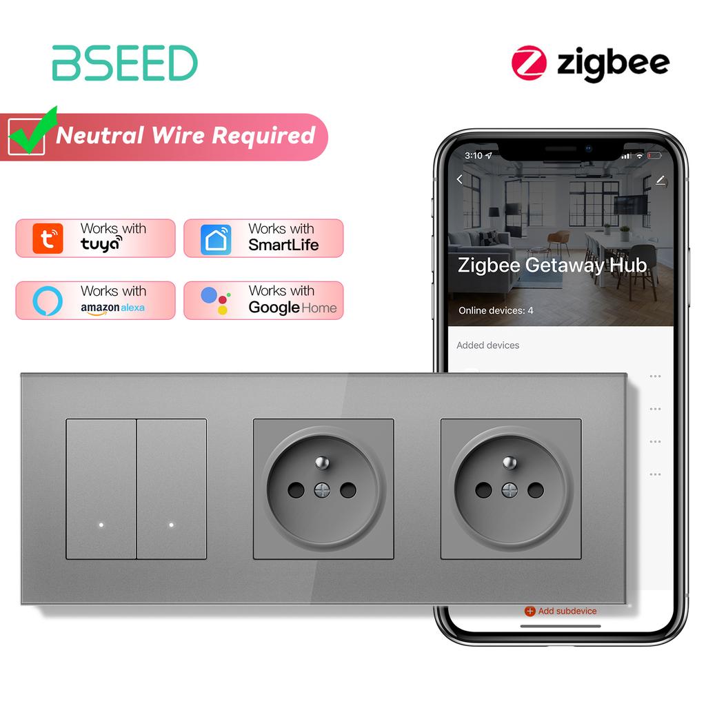 BSEED Zigbee 1/2/3/4Gang Smart Light Switches Click Buttons Tuya Smart Life App Control Plus Double French Sockets Glass Panels
