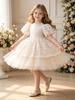 Mid-Length Girls' White Princess Dress with Puff Sleeves for Summer