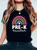 Women Pre-K Teacher-tee Soft Breathable Retro & Hearts Design Pre-K Lettering Summer Multicolor Short Sleeve O-Neck Graphic Tee