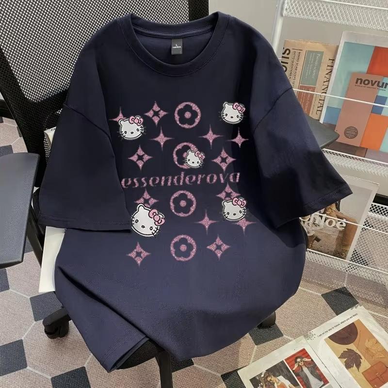 2026 Summer Hello Kitty Full Print Reading Style Theme 100 Cotton Print Tshirt Adult Children Parentchild Top S