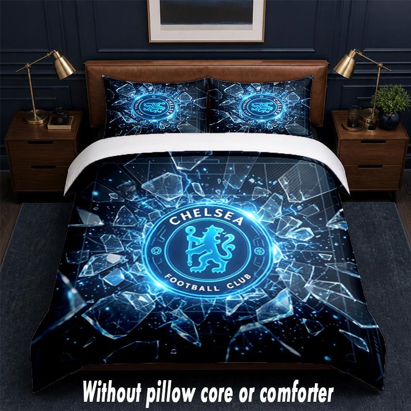 Chelsea FC Design Bett Bettwäsche Set 1 Bettbezug + 2 Kissenbezüge Weich Atmungsaktiv Haushalt Bettwäsche