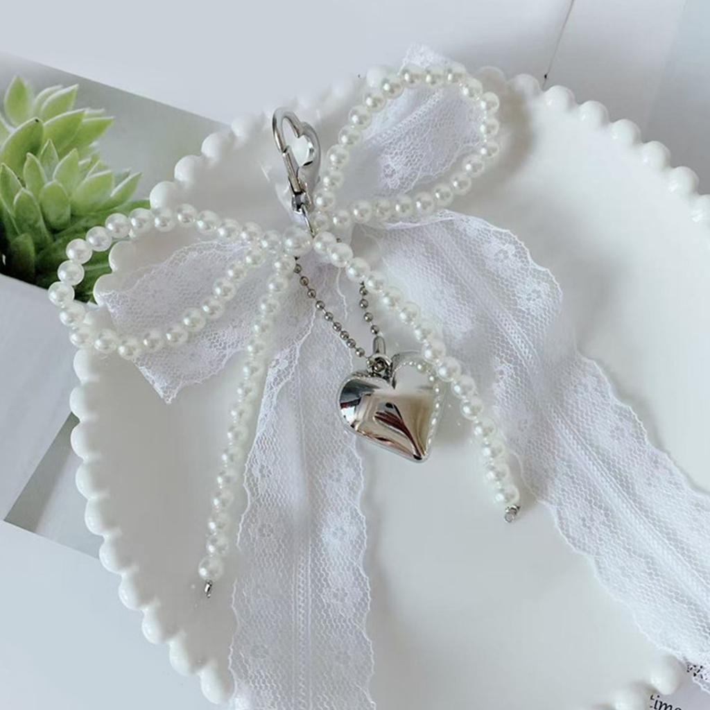 Aesthetic Keychain Charms,Lace Pearls Bows Bag Charm Pendant Sweet Heart Bows Keychain Charms Hanging Ornament for Women