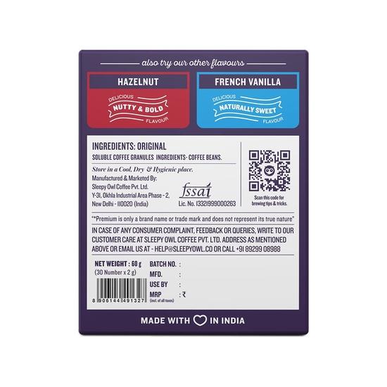 Sleepy Owl Original Freeze Dried Coffee Sachets | 60g - Pack of 30 X 2g Instant Coffee Powder Sachets | 100% Arabica Beans | Aromatic Coffee Pouch