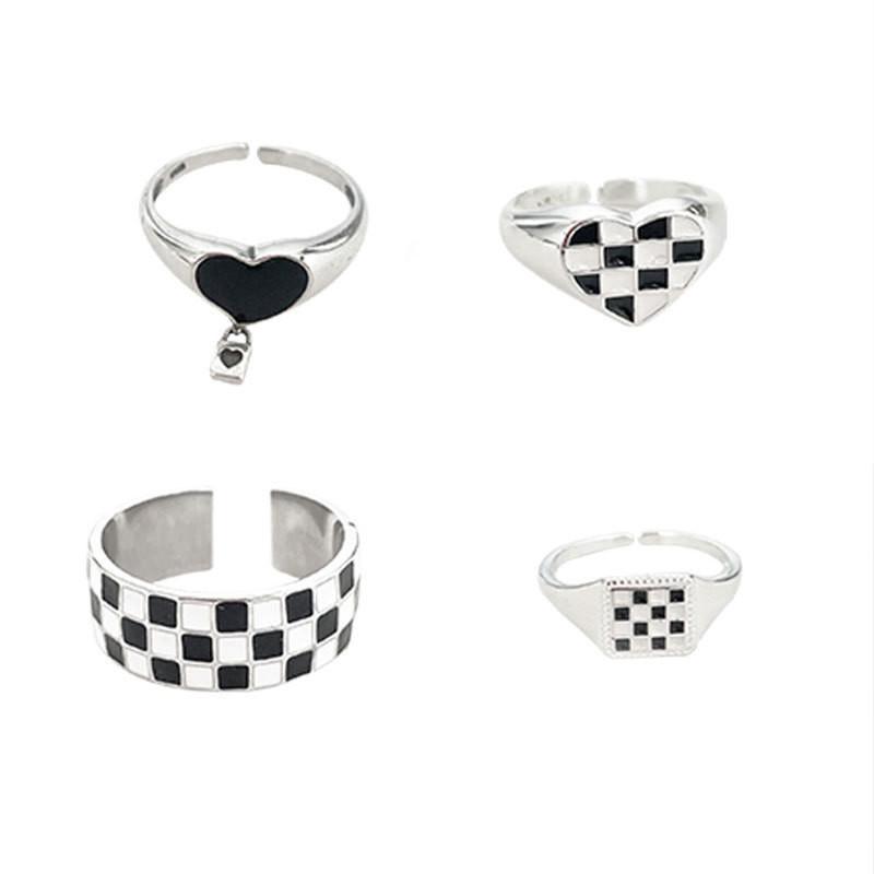 Elegant Korean Style Black And White Checkerboard Adjustable Ring For Women Fashion Accessory