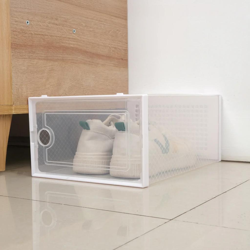 Shoe Storage Box Transparent Visible Square Shoe Container Stackable Large Space Hollow Out Back Breathable Shoe Organizer