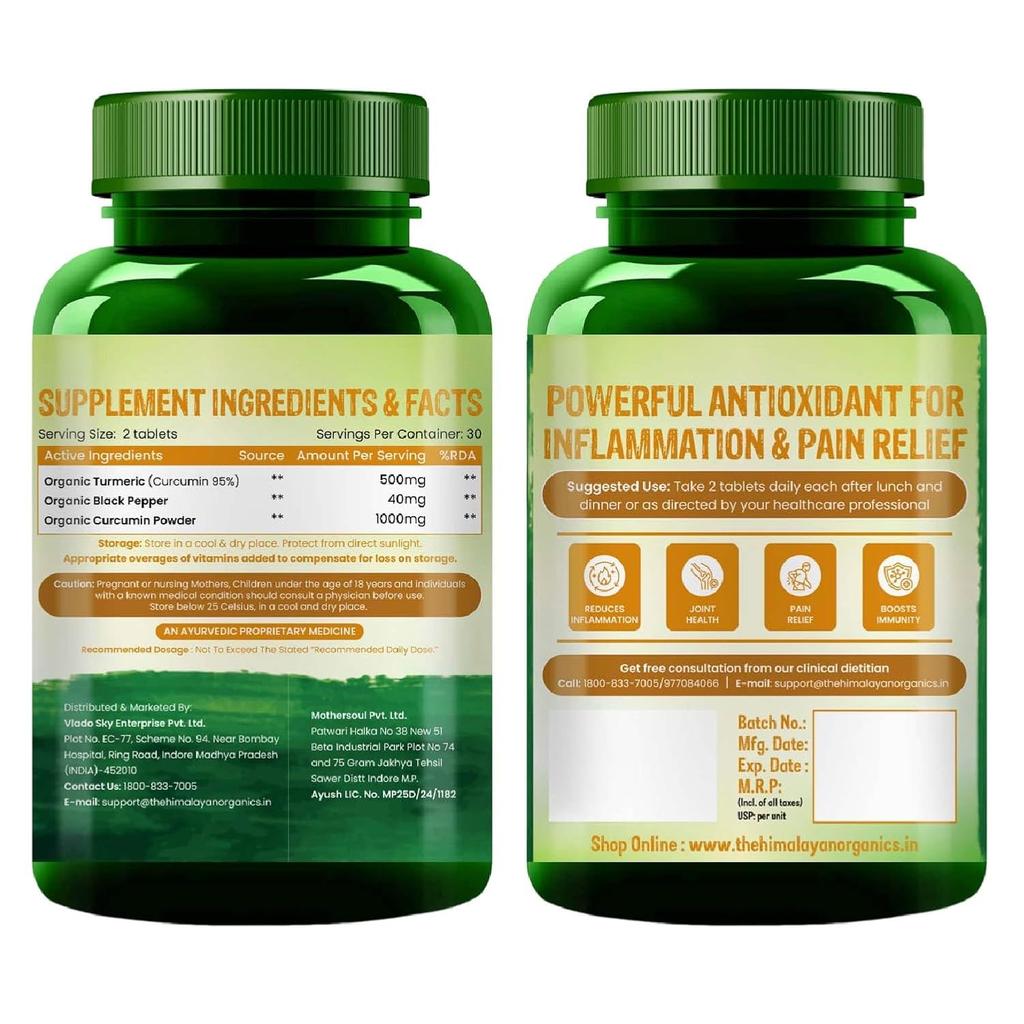 Vlados Himalayan Organics Bio-Kurkuma-Tabletten 1500 mg+ mit schwarzem Pfeffer 60 pflanzliche Tabletten für Erwachsene
