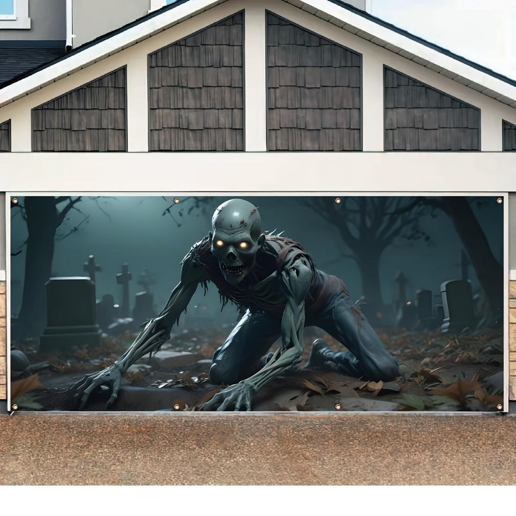 Halloween celebration garage banner: Zombies Crawl Out of the Grave - Polyester material, outdoor decoration