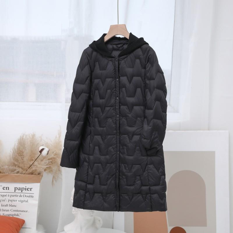 Womens Lightweight Hooded Down Jacket Mid-Length Knit Collar Casual Coat 2025