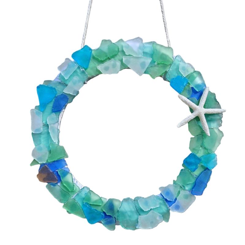 

Artisanal Coastal Themed Sea Glass Wreath With Starfishes Accent Farmhouse Wall Hanging Wreath For Beach Houses Decors S