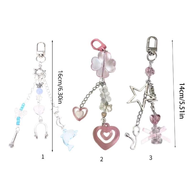 Handmade Beaded Keychain Sweet Bowknot Heart Pendant Keyring Fashion Phone Chain for Women Bag Charm Aesthetic Jewelry