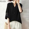 ZANZEA Women Lace Splice 3/4 Sleeve Casual V-Neck Blouse