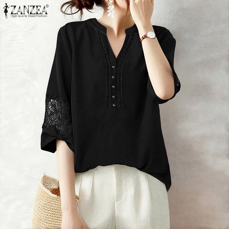 ZANZEA Women Lace Splice 3/4 Sleeve Casual V-Neck Blouse