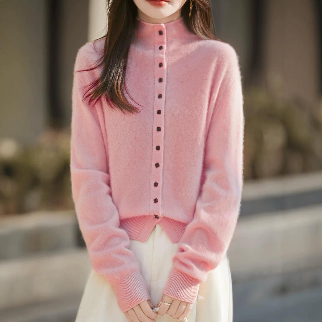 Retro Chic Wool Brushed Button-Up Cardigan - Versatile Autumn & Winter Women's Style with Rolled Hem and Neckline.